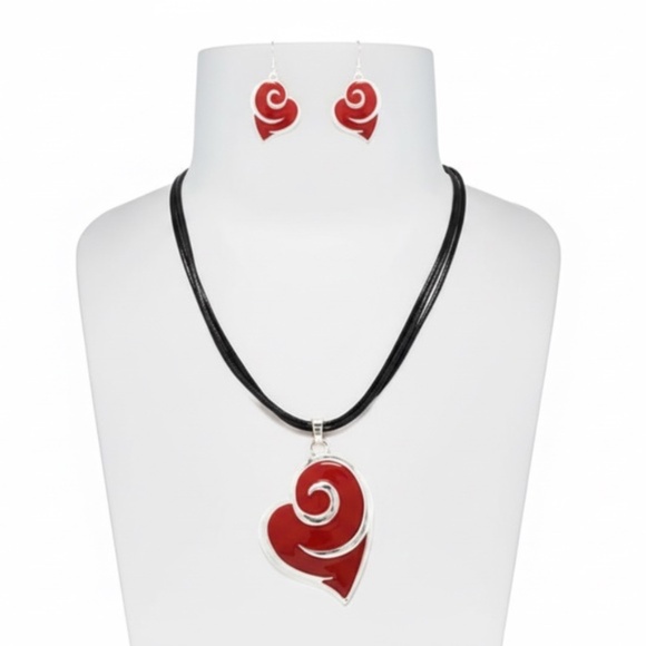 Fashion Jewelry Jewelry - Womens Red Sliver Heart Pendant Necklace‎ Earring Set